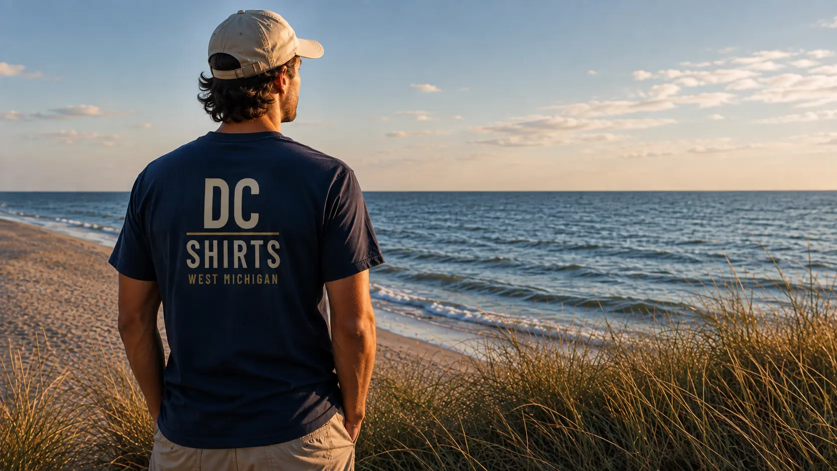 A person wearing custom printed apparel on a West Michigan beach