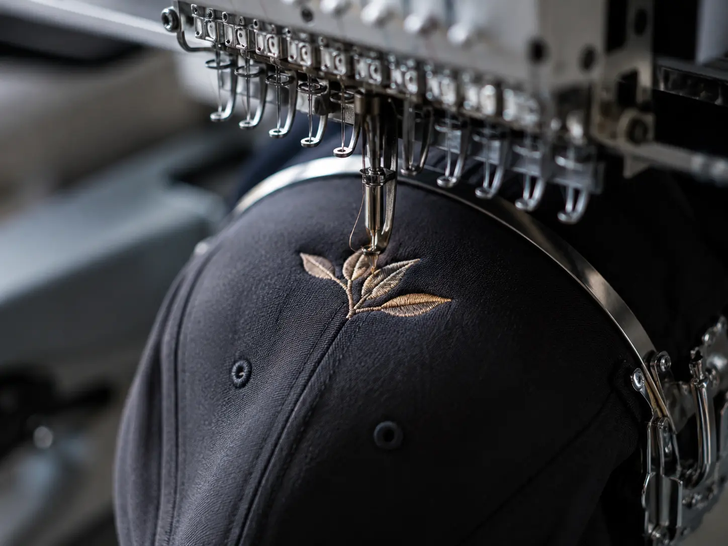 Detailed embroidery being stitched onto apparel