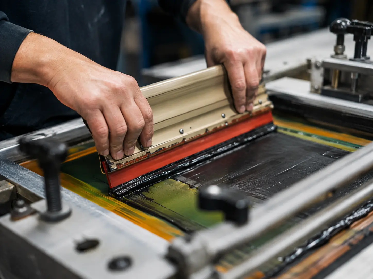 Screen printing ink being applied to a garment